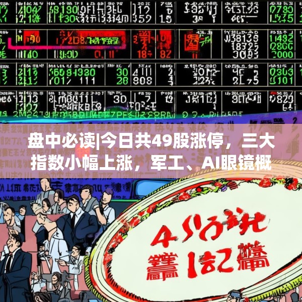 盘中必读|今日共49股涨停，三大指数小幅上涨，军工、AI眼镜概念领涨